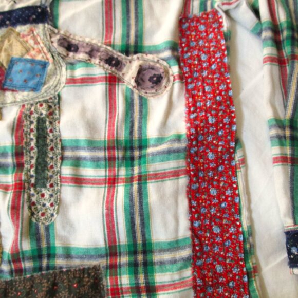 Upcycled Flannel Shirt with Patchwork Cat Design Handmade Boho Grunge Plaid - Picture 7 of 16